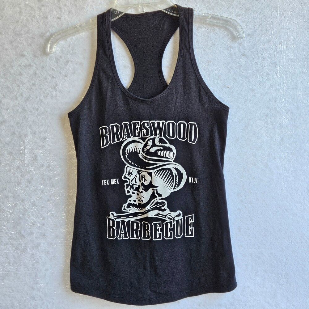Braeswood Barbecue BBQ Tank Top Womens S Black Skull Graphic Racerback Las Vegas